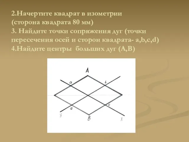2.Начертите квадрат в изометрии (сторона квадрата 80 мм) 3. Найдите точки сопряжения