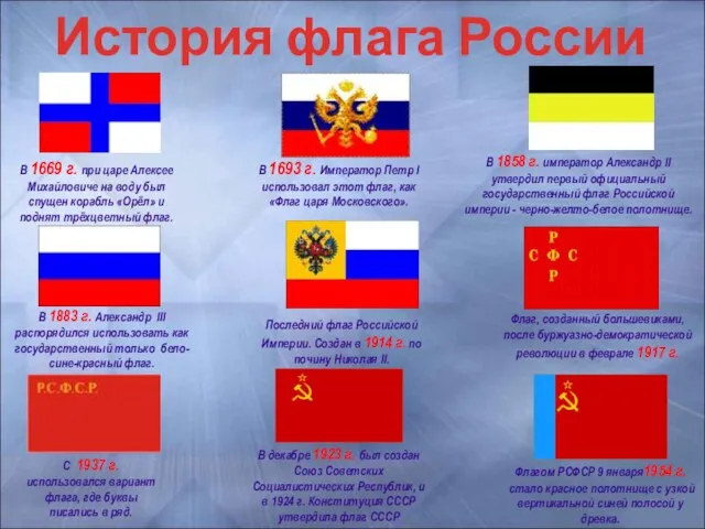 История флага России В 1669 г. при царе Алексее Михайловиче на воду