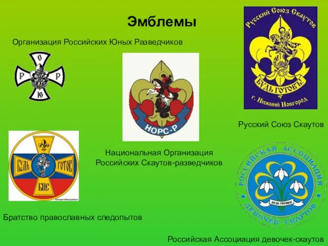 Эмблемы Организация Российских Юных Разведчиков Русский Союз Скаутов Братство православных следопытов Российская