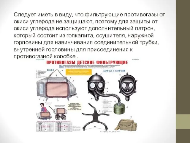 Следует иметь в виду, что фильтрующие противогазы от окиси углерода не защищают,