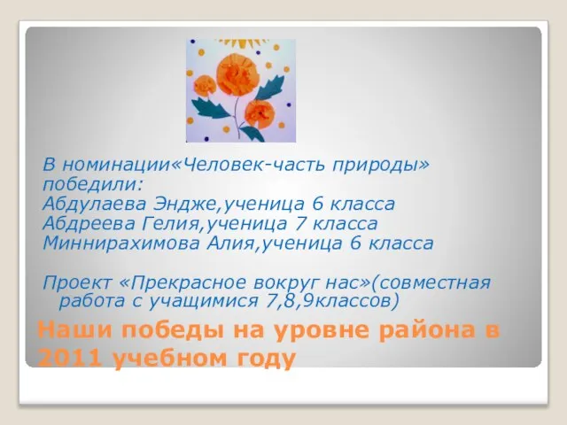 Наши победы на уровне района в 2011 учебном году В номинации«Человек-часть природы»