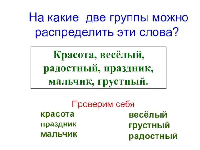 На какие две группы можно распределить эти слова? красота праздник мальчик весёлый грустный радостный Проверим себя