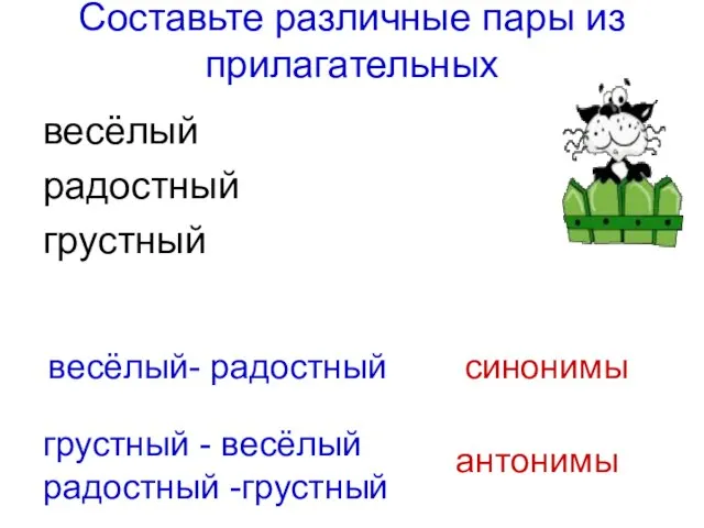 Составьте различные пары из прилагательных весёлый радостный грустный антонимы грустный - весёлый