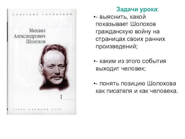 Задачи урока: - выяснить, какой показывает Шолохов гражданскую войну на страницах своих