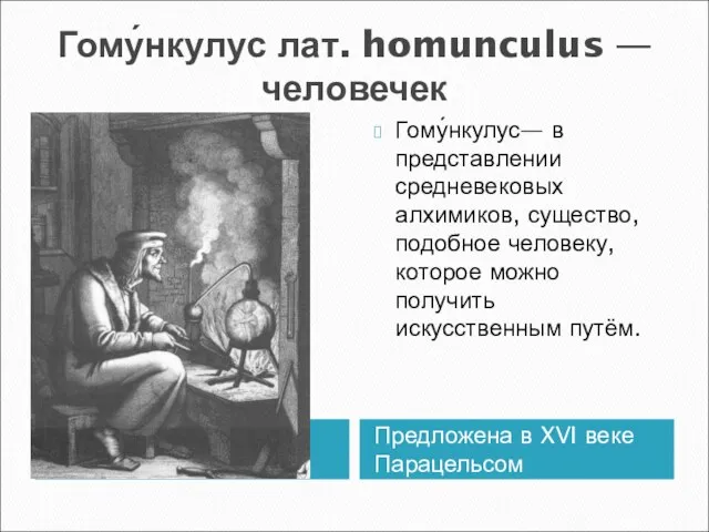 Гому́нкулус лат. homunculus — человечек Предложена в XVI веке Парацельсом Гому́нкулус— в