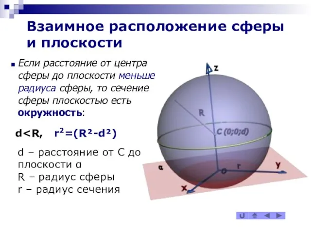 Взаимное расположение сферы и плоскости Если расстояние от центра сферы до плоскости