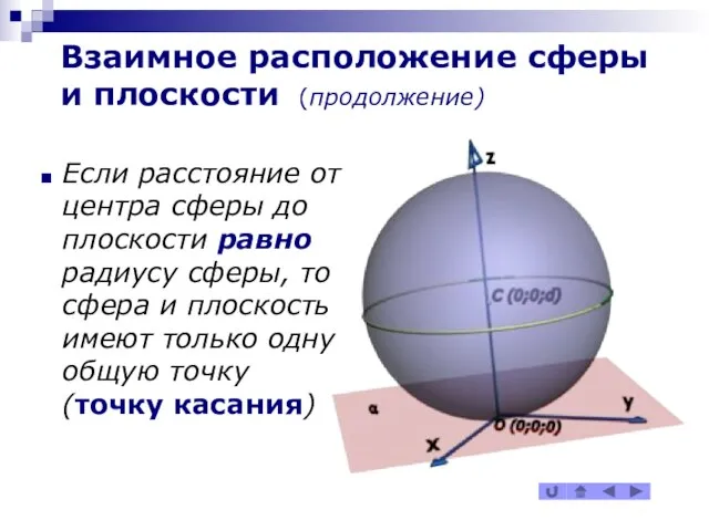 Взаимное расположение сферы и плоскости (продолжение) Если расстояние от центра сферы до