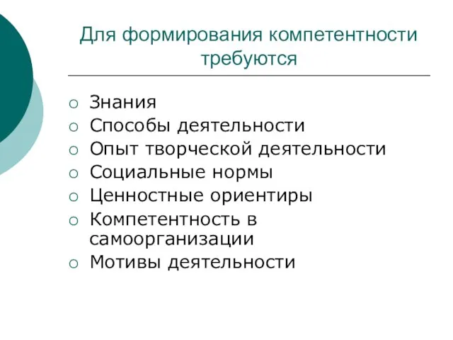 Для формирования компетентности требуются Знания Способы деятельности Опыт творческой деятельности Социальные нормы