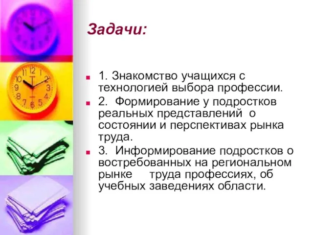 Задачи: 1. Знакомство учащихся с технологией выбора профессии. 2. Формирование у подростков