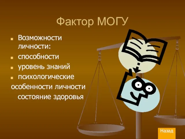 Фактор МОГУ Возможности личности: способности уровень знаний психологические особенности личности состояние здоровья Назад