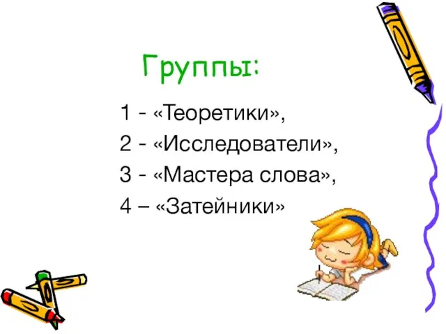 Группы: 1 - «Теоретики», 2 - «Исследователи», 3 - «Мастера слова», 4 – «Затейники»