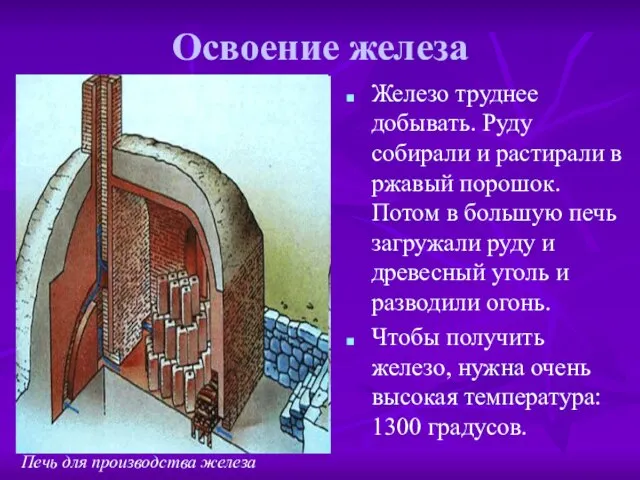 Освоение железа Железо труднее добывать. Руду собирали и растирали в ржавый порошок.