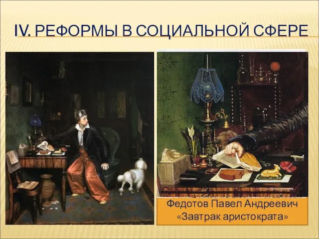 IV. РЕФОРМЫ В СОЦИАЛЬНОЙ СФЕРЕ Федотов Павел Андреевич «Завтрак аристократа» Проанализируем картину