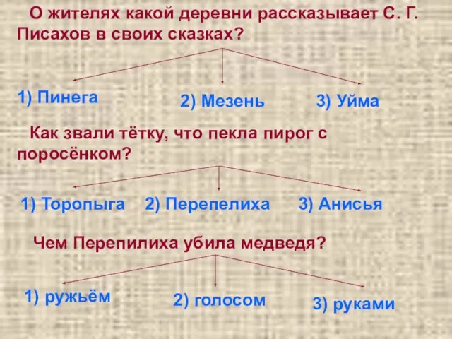 О жителях какой деревни рассказывает С. Г. Писахов в своих сказках? 1)