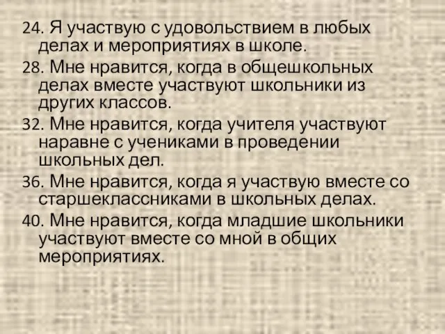 24. Я участвую с удовольствием в любых делах и мероприятиях в школе.