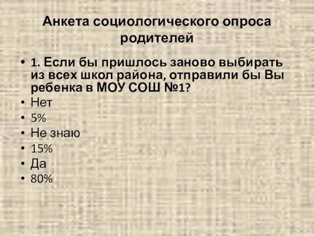 Анкета социологического опроса родителей 1. Если бы пришлось заново выбирать из всех