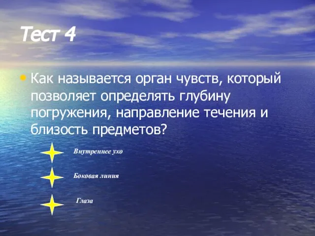 Тест 4 Как называется орган чувств, который позволяет определять глубину погружения, направление