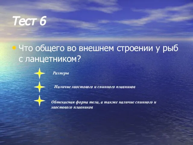 Тест 6 Что общего во внешнем строении у рыб с ланцетником? Размеры