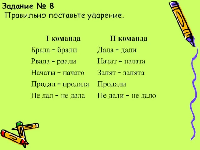 Задание № 8 Правильно поставьте ударение.