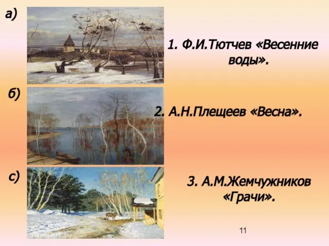 1. Ф.И.Тютчев «Весенние воды». 2. А.Н.Плещеев «Весна». 3. А.М.Жемчужников «Грачи». а) б) с)