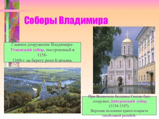 Соборы Владимира Главное сооружение Владимира- Успенский собор, построенный в 1158- 1160гг. на