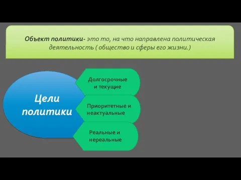 Объект политики- это то, на что направлена политическая деятельность ( общество и