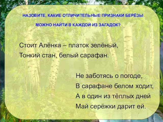 НАЗОВИТЕ, КАКИЕ ОТЛИЧИТЕЛЬНЫЕ ПРИЗНАКИ БЕРЁЗЫ МОЖНО НАЙТИ В КАЖДОЙ ИЗ ЗАГАДОК? Стоит