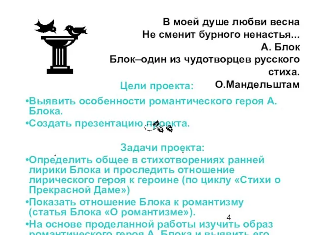 Цели проекта: Выявить особенности романтического героя А.Блока. Создать презентацию проекта. Задачи проекта: