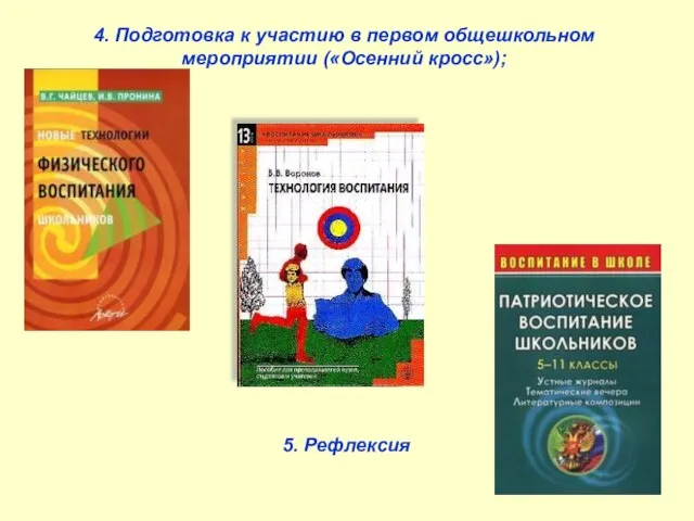 4. Подготовка к участию в первом общешкольном мероприятии («Осенний кросс»); 5. Рефлексия