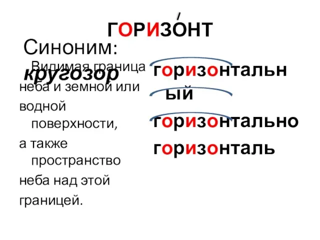 ГОРИЗОНТ Видимая граница неба и земной или водной поверхности, а также пространство