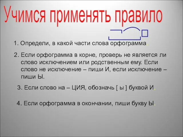 Учимся применять правило 1. Определи, в какой части слова орфограмма. 2. Если