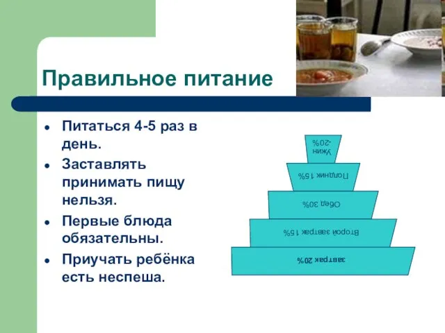 Правильное питание Питаться 4-5 раз в день. Заставлять принимать пищу нельзя. Первые