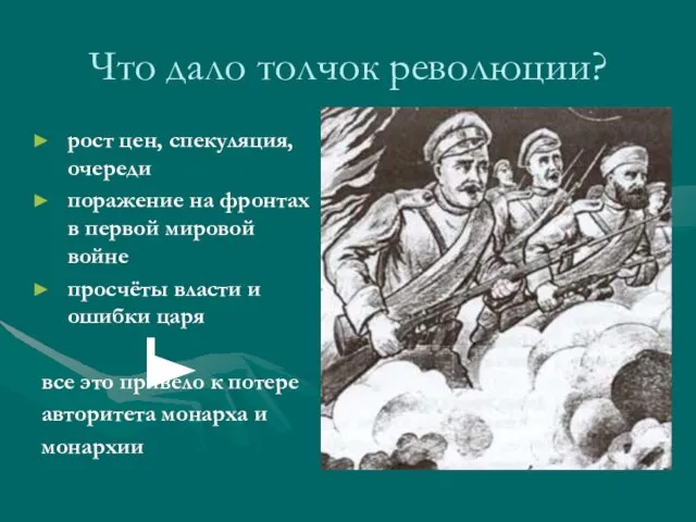 Что дало толчок революции? рост цен, спекуляция, очереди поражение на фронтах в