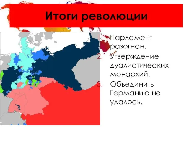 Итоги революции Парламент разогнан. Утверждение дуалистических монархий. Объединить Германию не удалось.