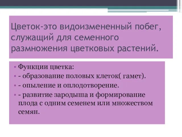 Цветок-это видоизмененный побег, служащий для семенного размножения цветковых растений. Функции цветка: -