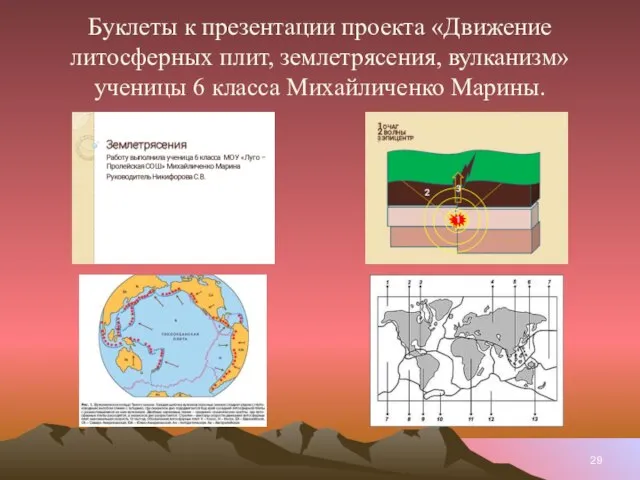 Буклеты к презентации проекта «Движение литосферных плит, землетрясения, вулканизм» ученицы 6 класса Михайличенко Марины.