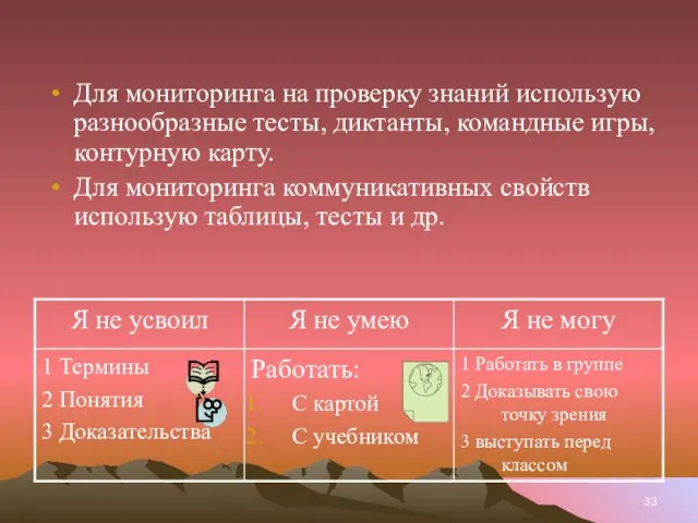 Для мониторинга на проверку знаний использую разнообразные тесты, диктанты, командные игры, контурную