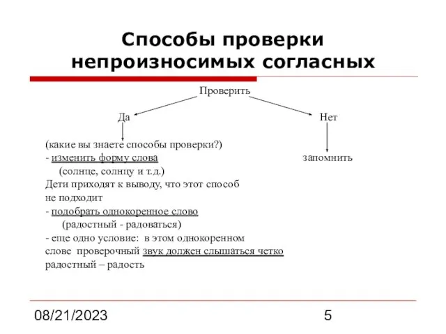 08/21/2023 Способы проверки непроизносимых согласных Проверить Да Нет (какие вы знаете способы