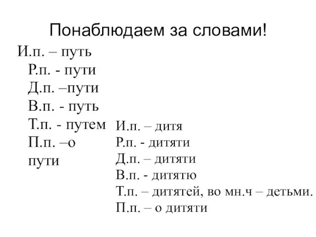 Понаблюдаем за словами! И.п. – путь Р.п. - пути Д.п. –пути В.п.