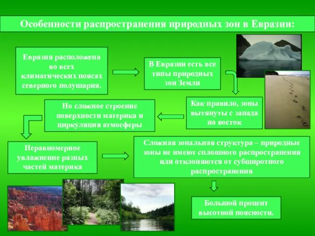 Особенности распространения природных зон в Евразии: Евразия расположена во всех климатических поясах