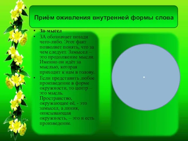 Приём оживления внутренней формы слова За-мысел ЗА обозначает позади чего-либо. Этот факт