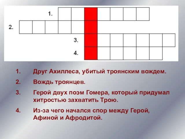 Друг Ахиллеса, убитый троянским вождем. Вождь троянцев. Герой двух поэм Гомера, который