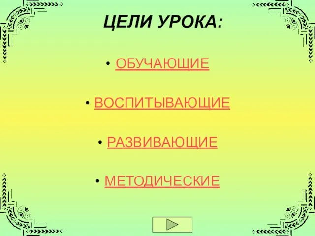 ЦЕЛИ УРОКА: ОБУЧАЮЩИЕ ВОСПИТЫВАЮЩИЕ РАЗВИВАЮЩИЕ МЕТОДИЧЕСКИЕ