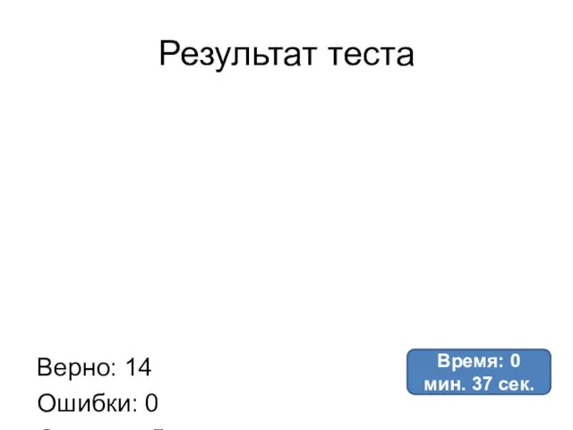 Результат теста Верно: 14 Ошибки: 0 Отметка: 5 Время: 0 мин. 37 сек.