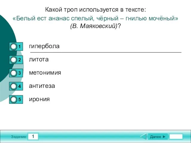 1 Задание Какой троп используется в тексте: «Белый ест ананас спелый, чёрный