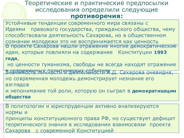 Теоретические и практические предпосылки исследования определили следующие противоречия: Устойчивые тенденции современного мира