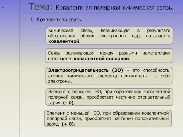 * Тема: Ковалентная полярная химическая связь. I. Ковалентная связь. Химическая связь, возникающая