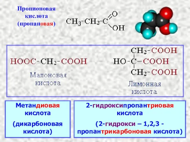 Метандиовая кислота (дикарбоновая кислота) 2-гидроксипропантриовая кислота (2-гидрокси – 1,2,3 -пропантрикарбоновая кислота)