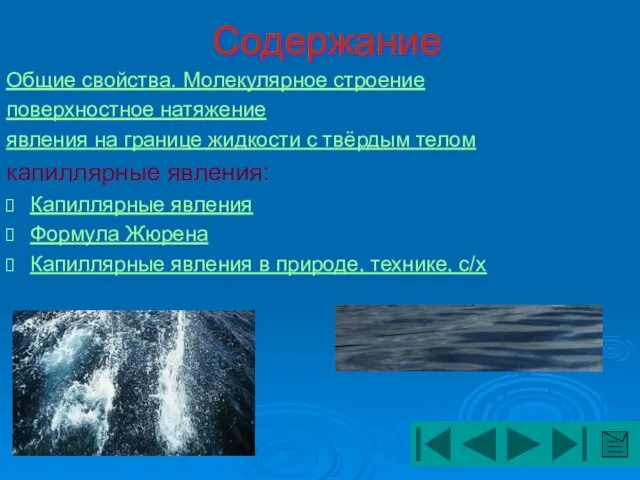 Содержание Общие свойства. Молекулярное строение поверхностное натяжение явления на границе жидкости с