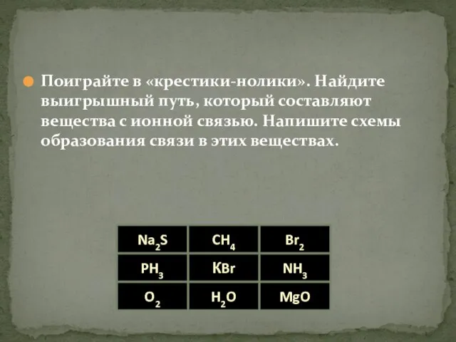 Поиграйте в «крестики-нолики». Найдите выигрышный путь, который составляют вещества с ионной связью.